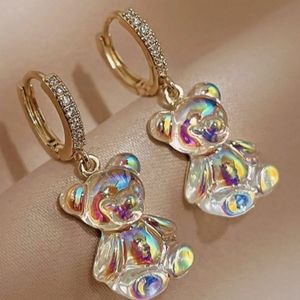 HOOP YELLOW GOLD IRIDESCENT TEDDY BEAR DANGLE EARRINGS 1 IN